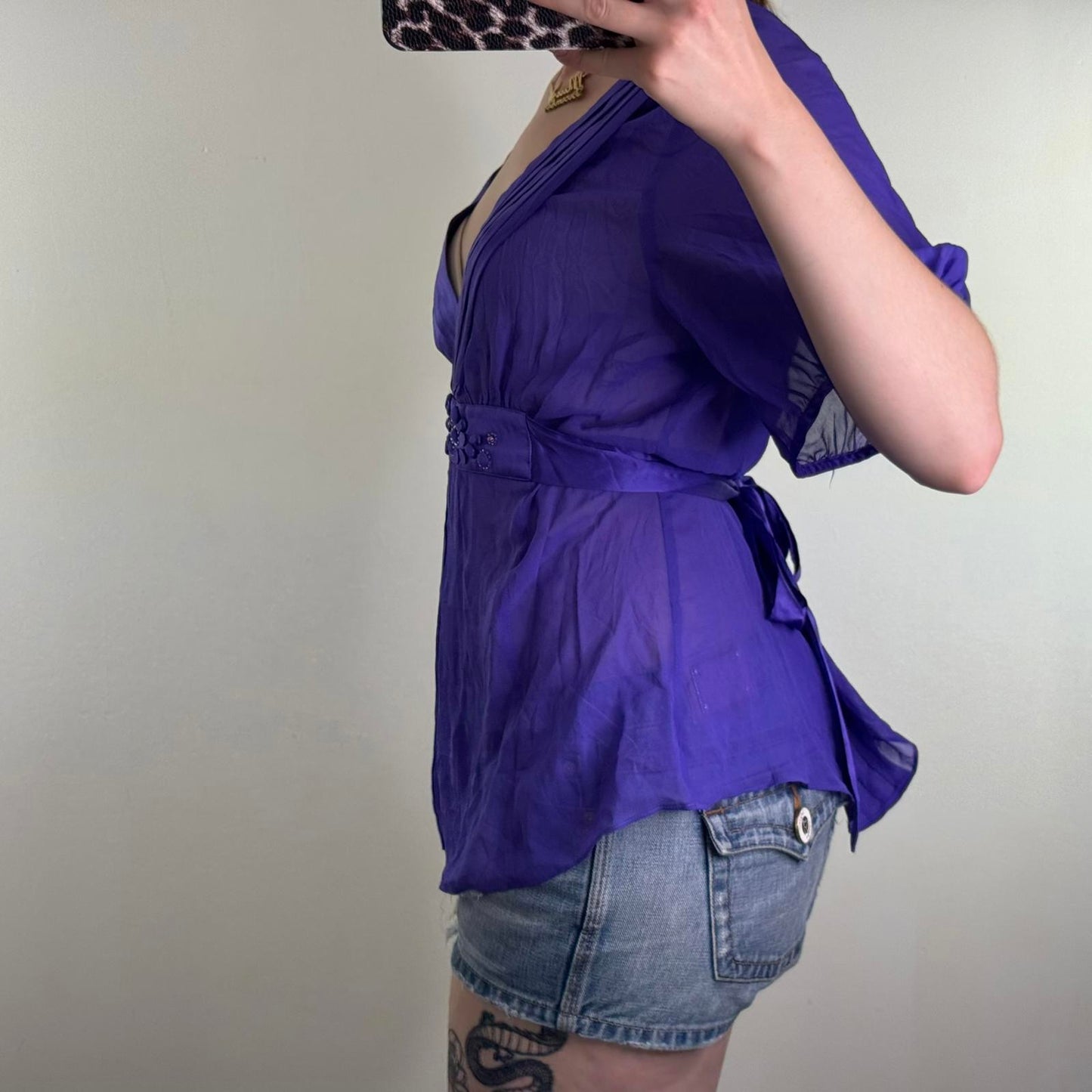 Y2K vintage silk flowy sheer blouse short sleeve v neck floral beaded tie bow