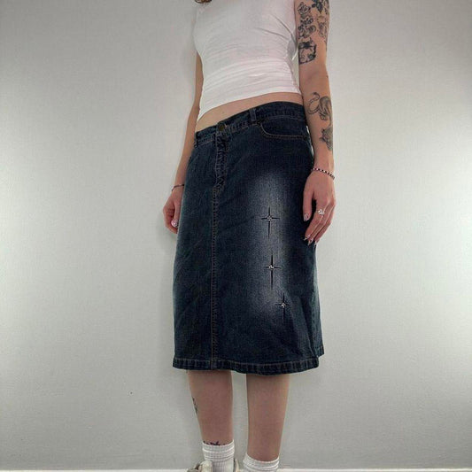 Y2K vintage sparkle embroidered rhinestone faded dark blue denim midi skirt
