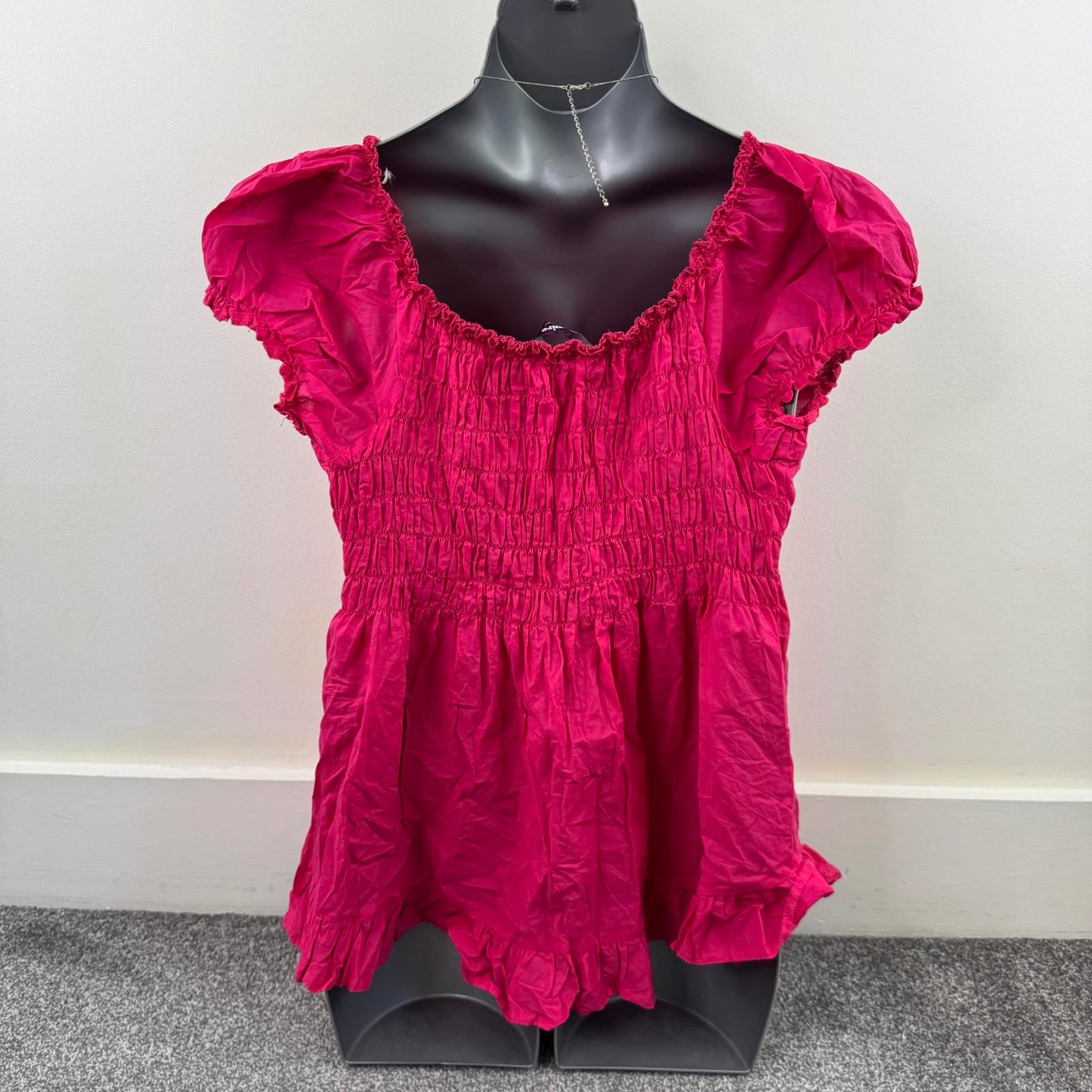 Y2K vintage stretchy milkmaid hot pink top cap sleeve lace up frill frilly