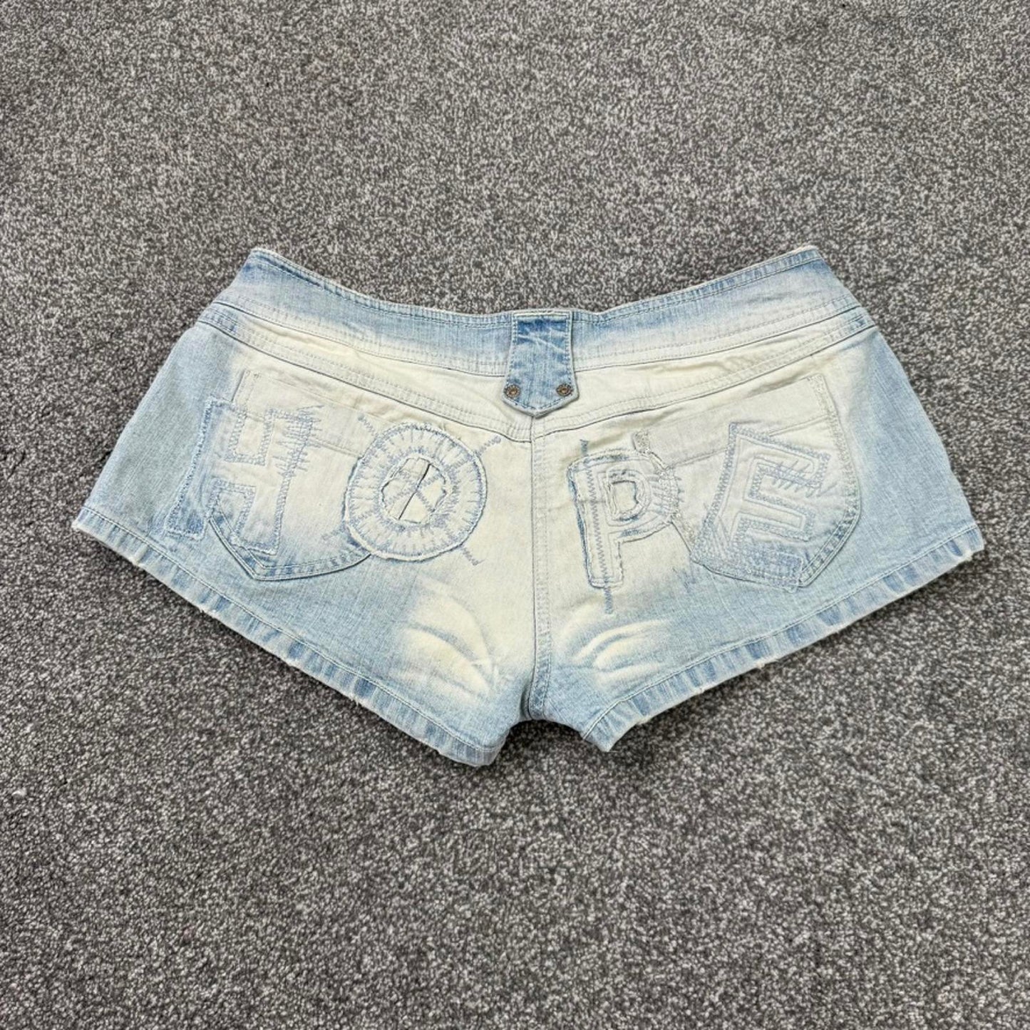 Y2K vintage low rise denim mini shorts faded hope slogan patchwork embroidered
