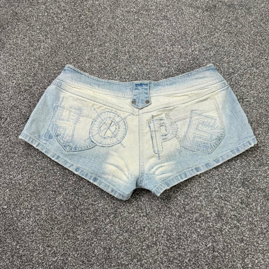 Y2K vintage low rise denim mini shorts faded hope slogan patchwork embroidered
