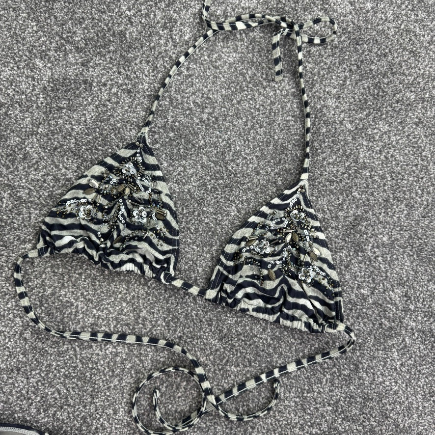 Y2K vintage bikini zebra embellished co ord tie sides bow halter neck non padded