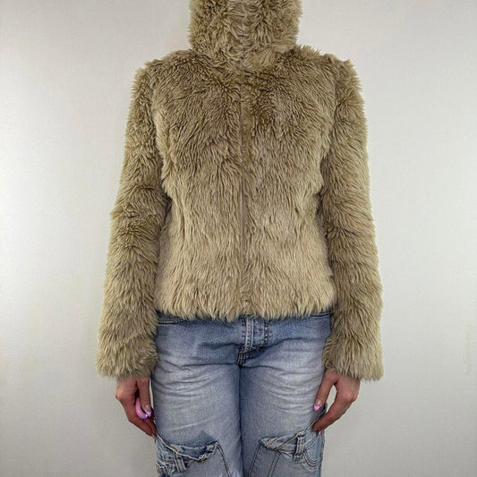 Y2K vintage faux fur coat zip up high neck shaggy beige short length fluffy