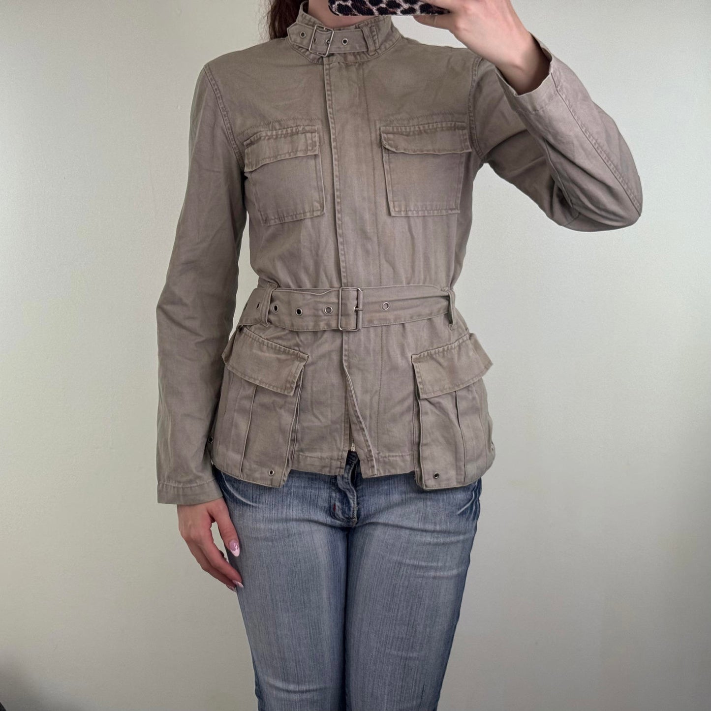 Y2K vintage lightweight zip up jacket with belt high neck buckle utility archive