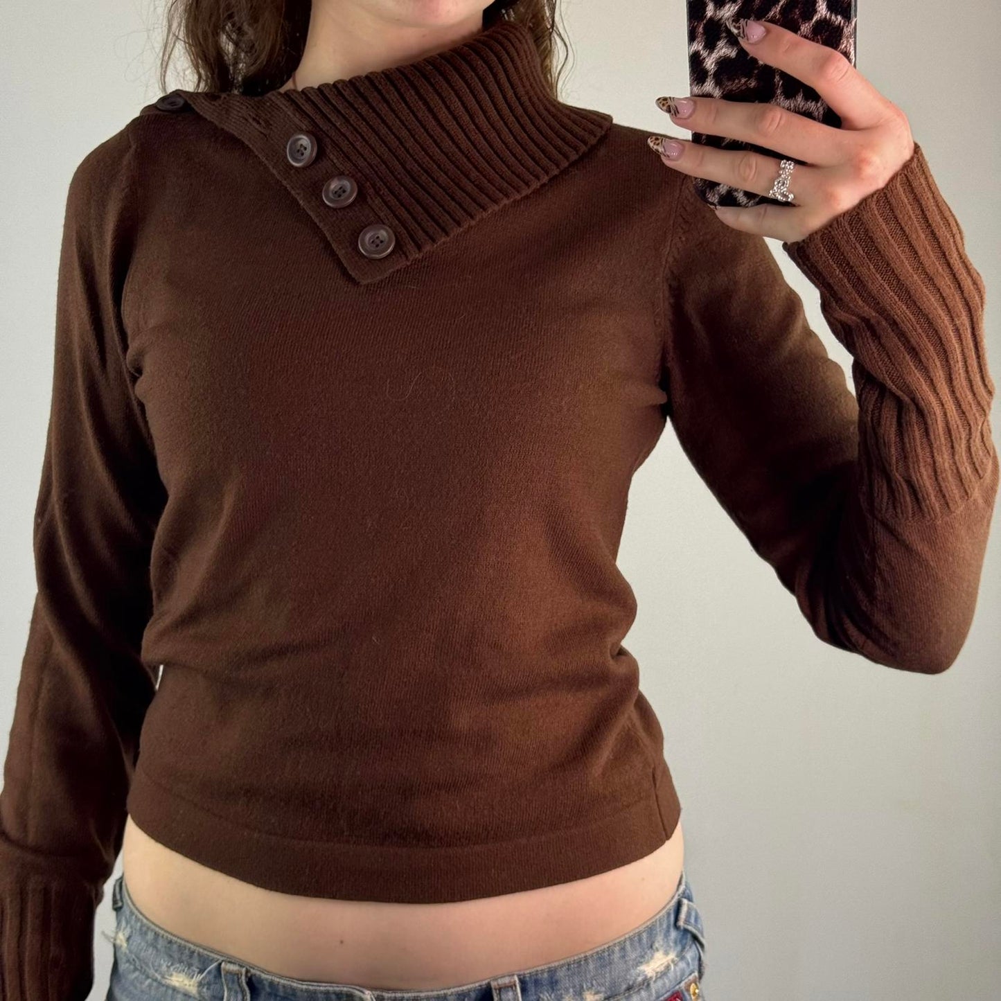 Y2K vintage fine knit roll neck jumper lightweight buttons ribbed brown