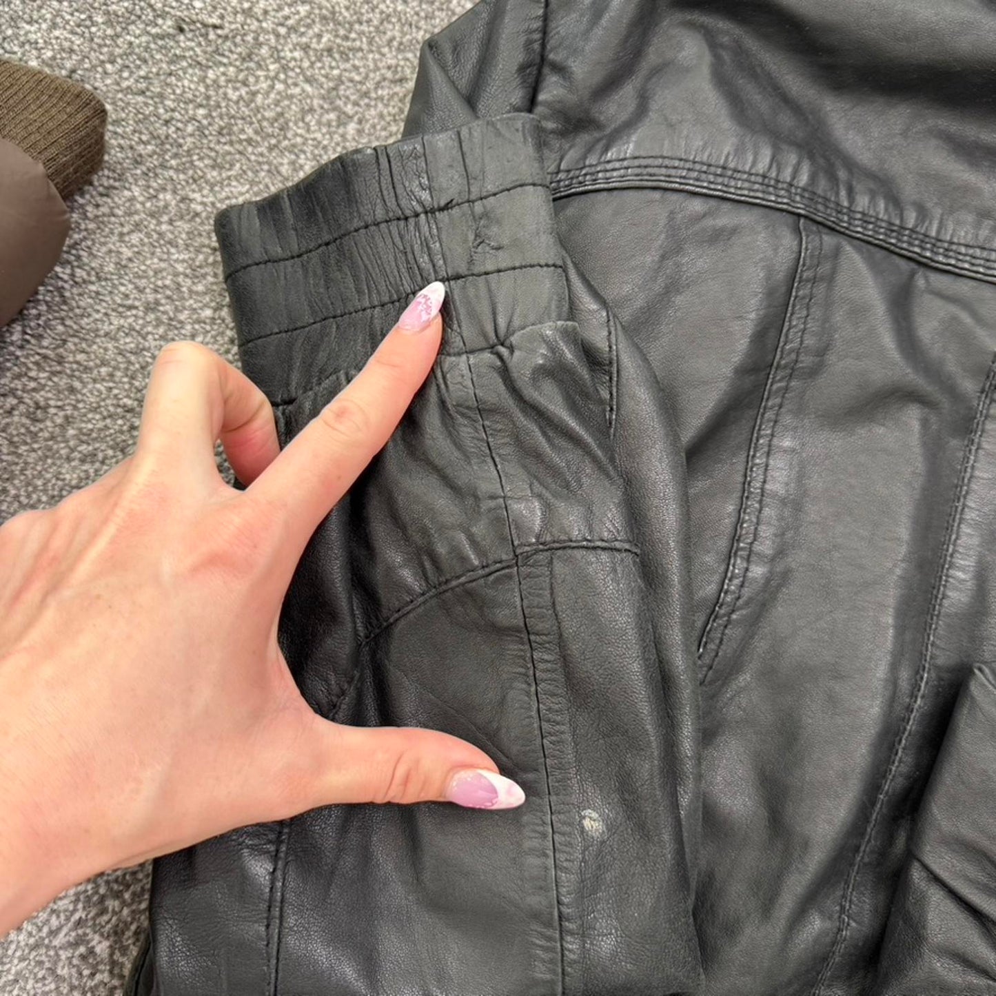 Y2K vintage genuine leather zip up jacket crop short length elastic waist hood