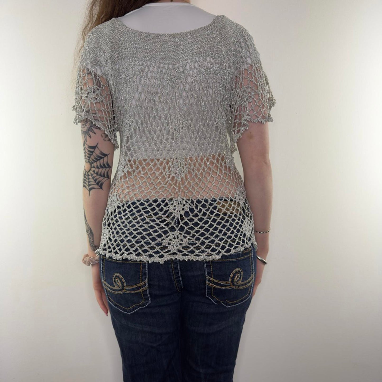 Y2K vintage crochet sparkly square neck top
