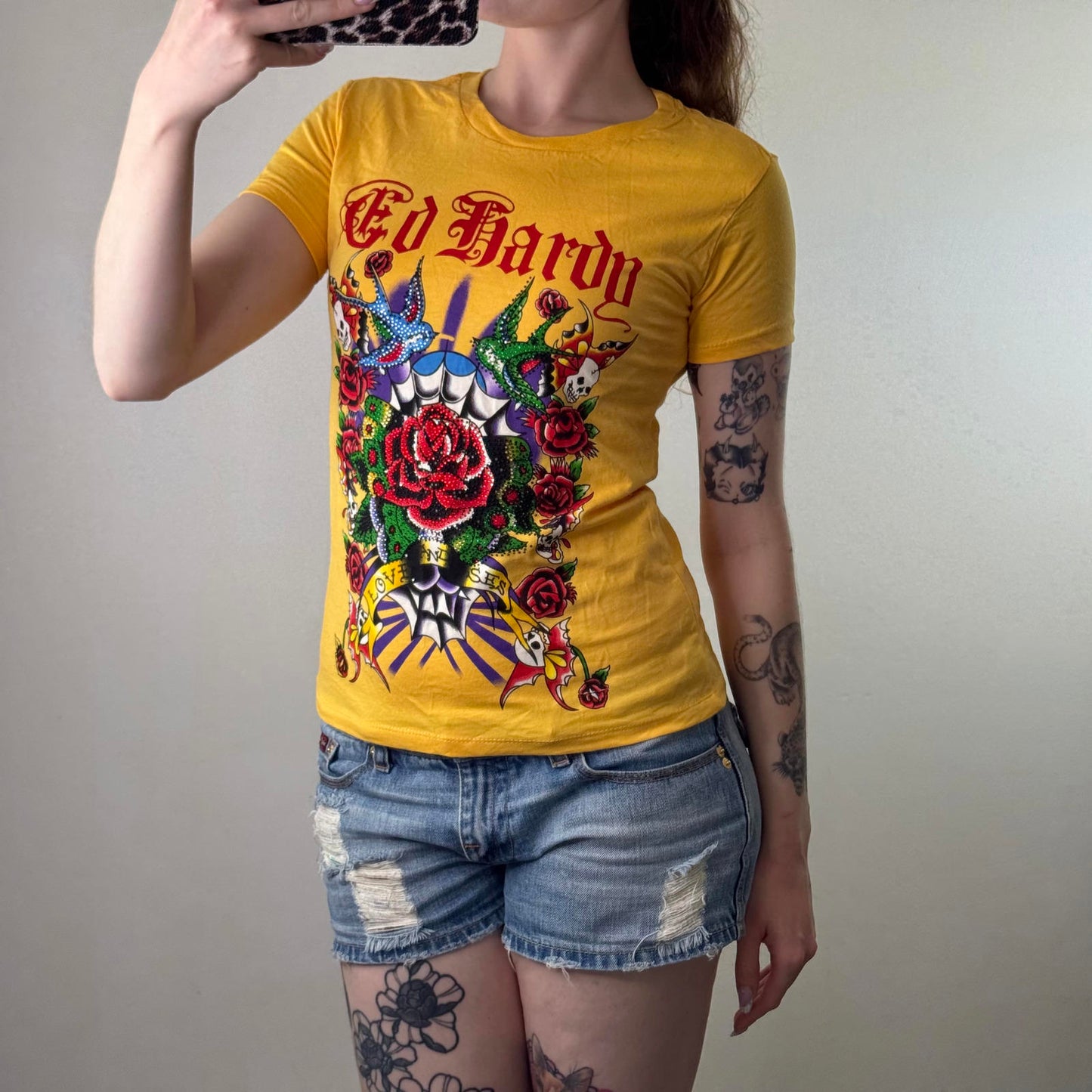 Y2K vintage Ed Hardy rhinestone short sleeve t shirt top yellow red rose graphic