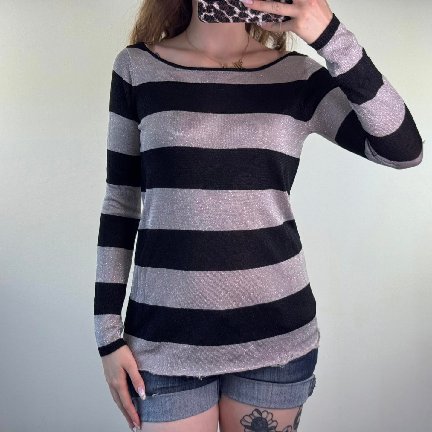 Y2K vintage fine knit stripe sparkly jumper black silver glitter