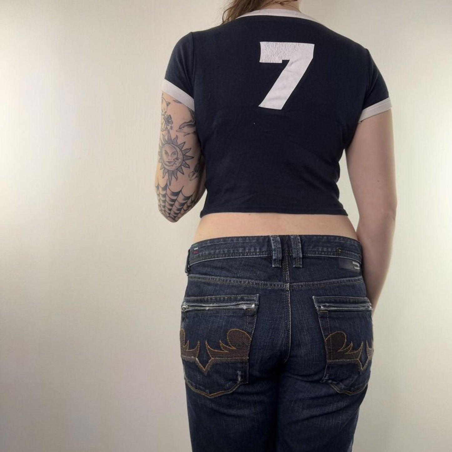Y2K vintage England crop top football flag number 7 ringer navy white baby tee