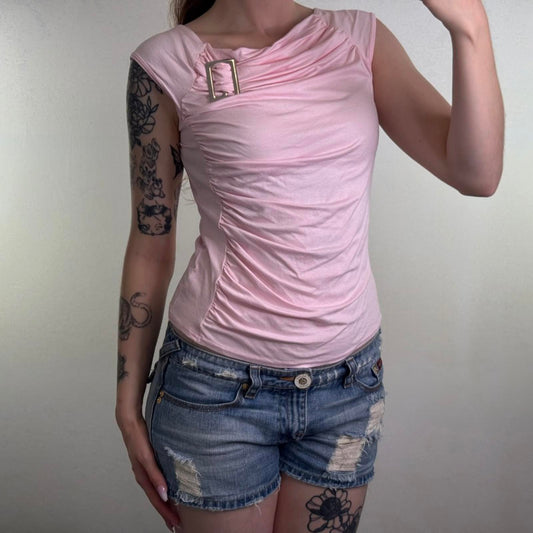 Y2K vintage ruched tank top buckle baby pink stretchy cowl neck