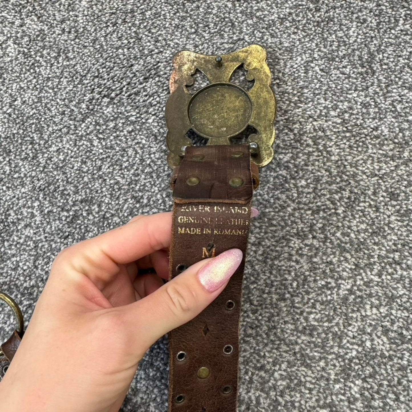 Y2K vintage genuine leather big buckle rhinestone belt brown o ring western