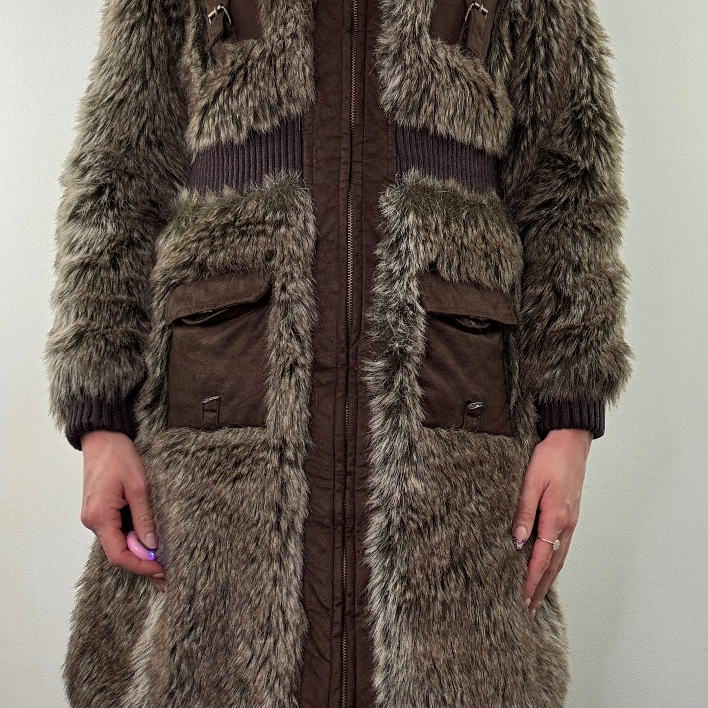 Y2K vintage faux fur long zip up coat