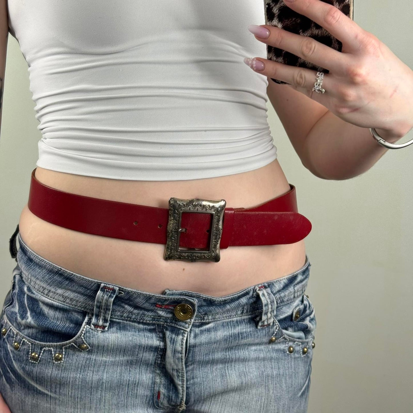 Y2K vintage real leather square buckle belt red embossed