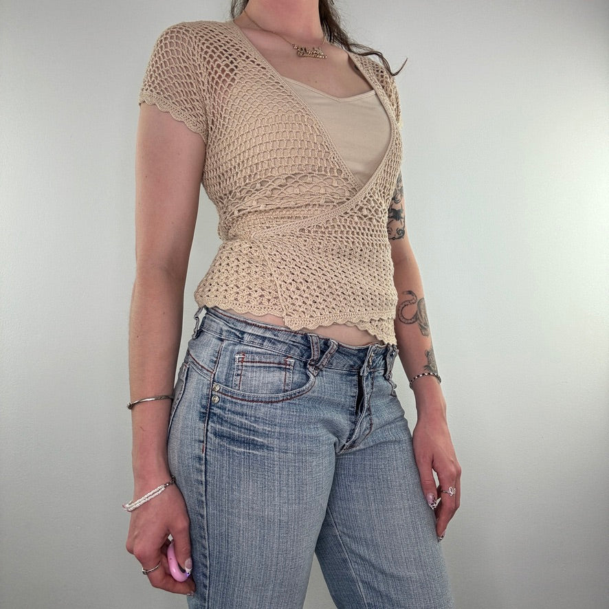 Y2K crochet wraparound short sleeve cardigan