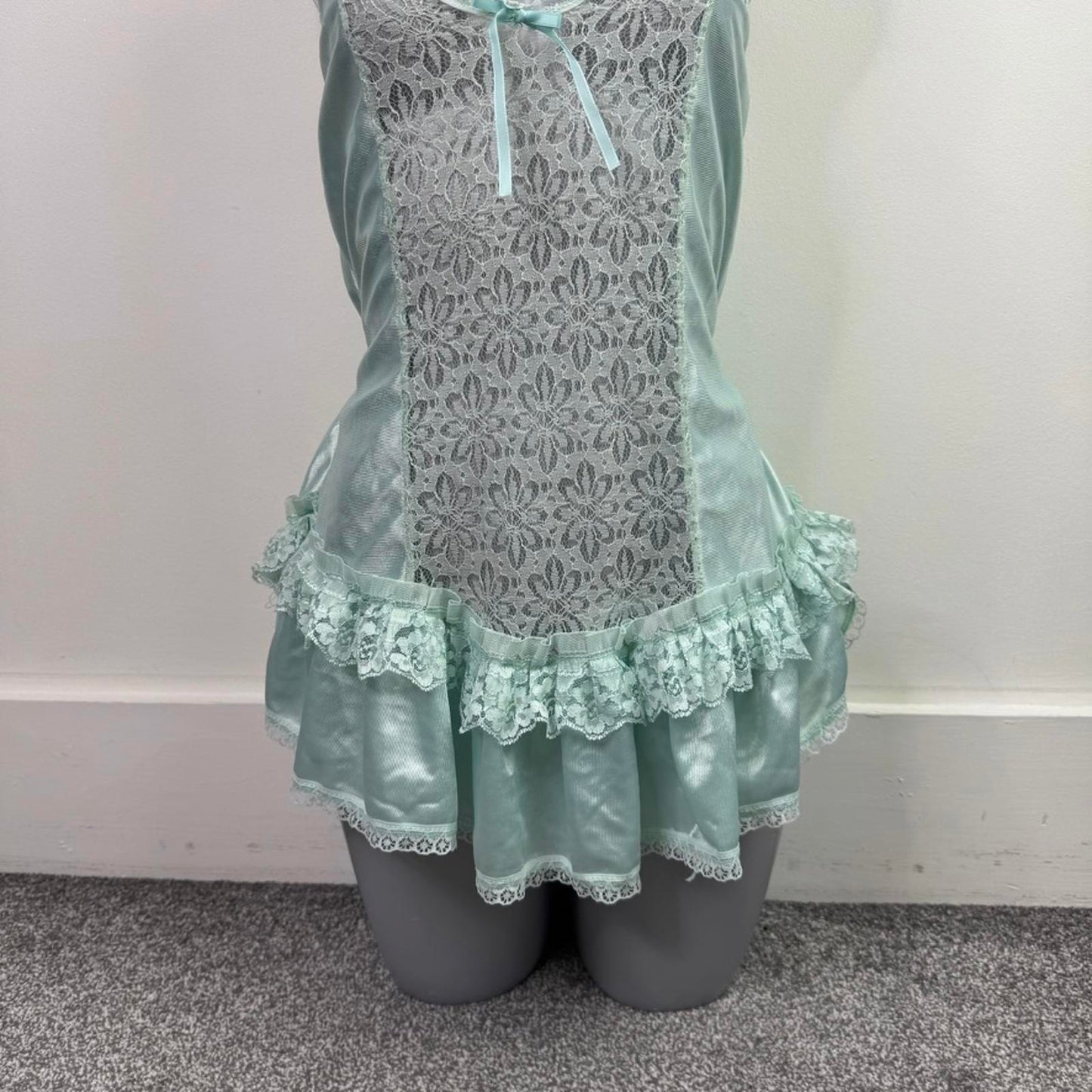 Y2K vintage lingerie nylon lace sheer frilly babydoll style top bow cami sheer