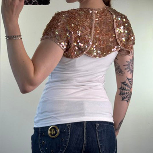 Y2K vintage sequin embellished cropped bolero cardigan scallop hem shawl short