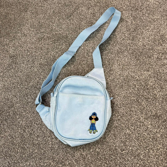 90s Y2K vintage satin cargo embroidered side crossbody bag baby blue small