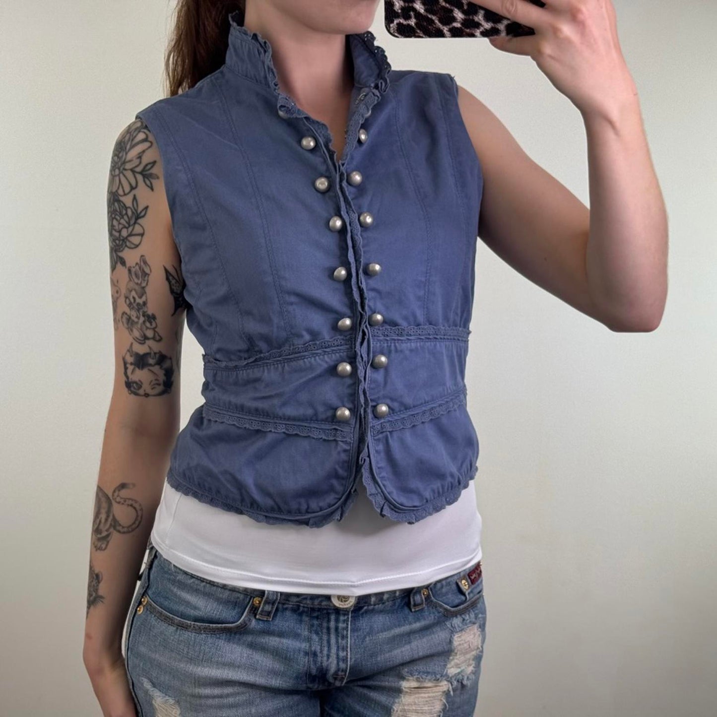 Y2K vintage hook and eye denim waistcoat top military high neck sleeveless