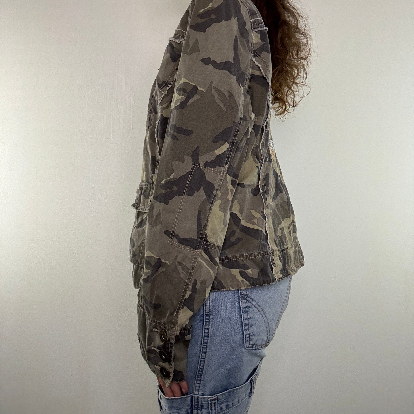 Y2K vintage denim jacket sequin phoenix camo embroidered fraying hem button up