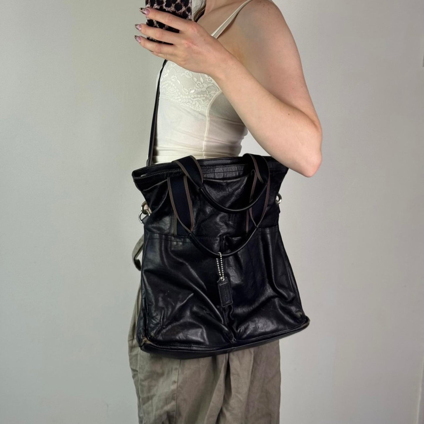 Vintage Coach 2WAY shoulder bag tote bag black leather heritage web leather