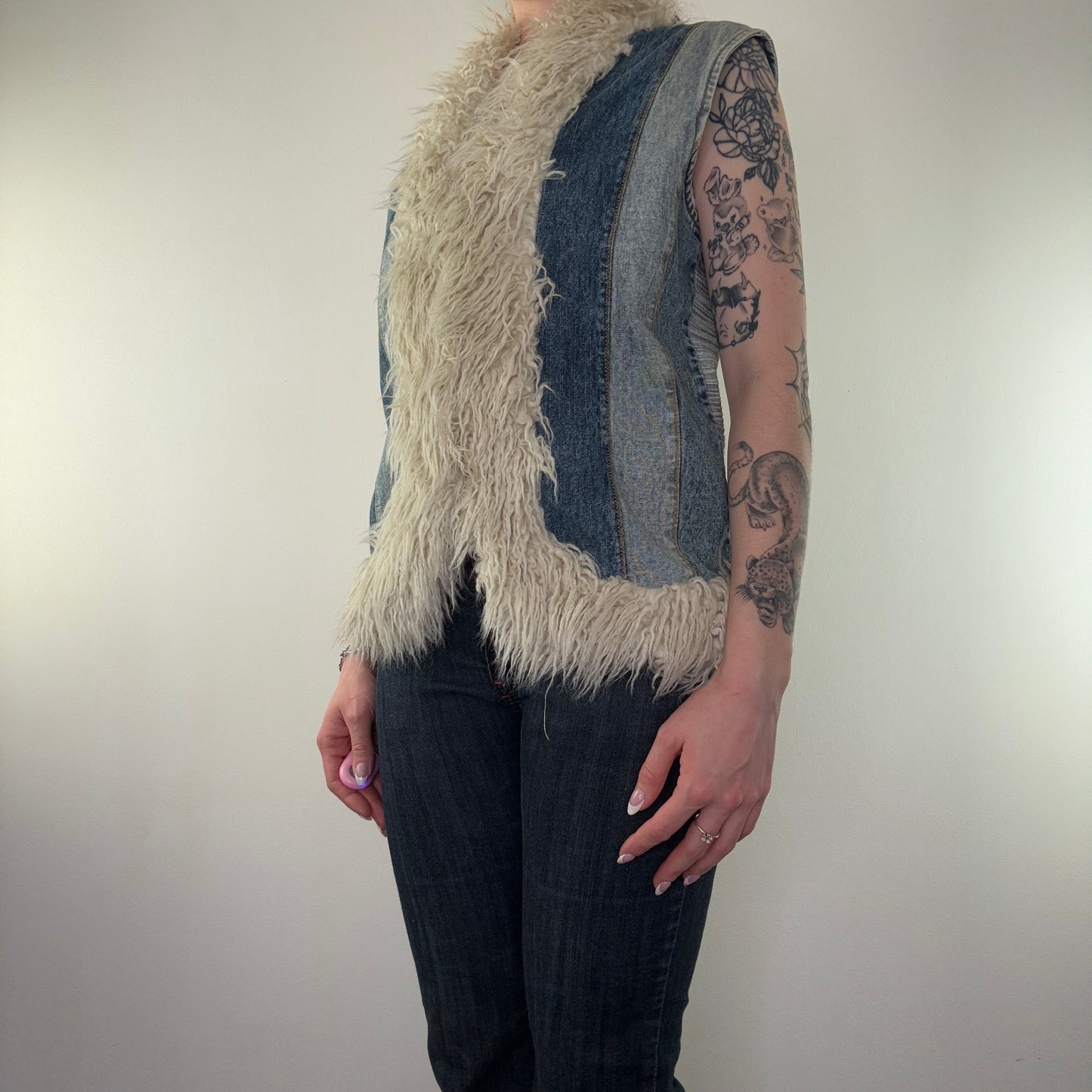 Y2K vintage denim patchwork gilet body warmer sleeveless jacket