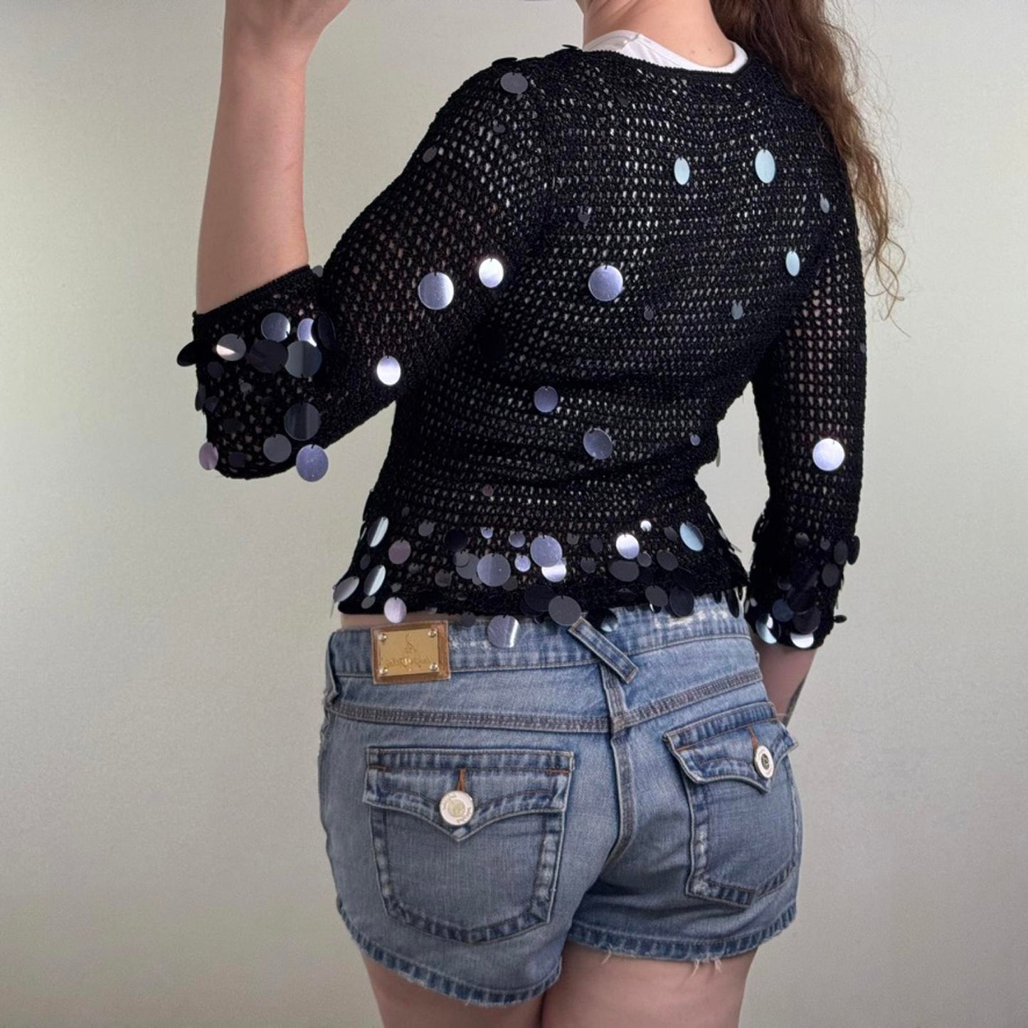 Y2K vintage crochet sequin embellished cardigan knit 3/4 sleeve scoop neck