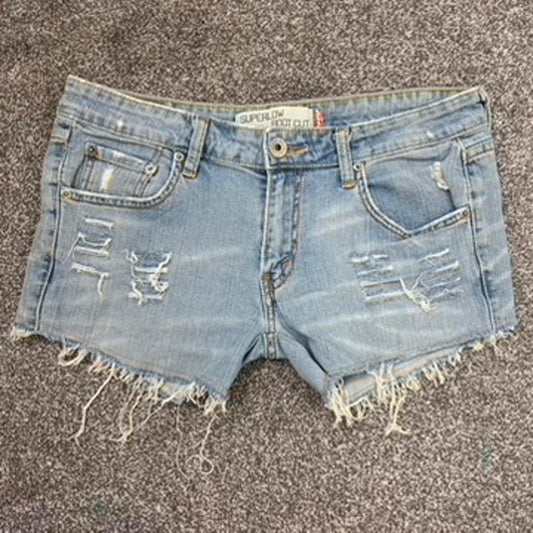 Y2K vintage Levi's low rise distressed denim mini shorts raw hem light blue wash