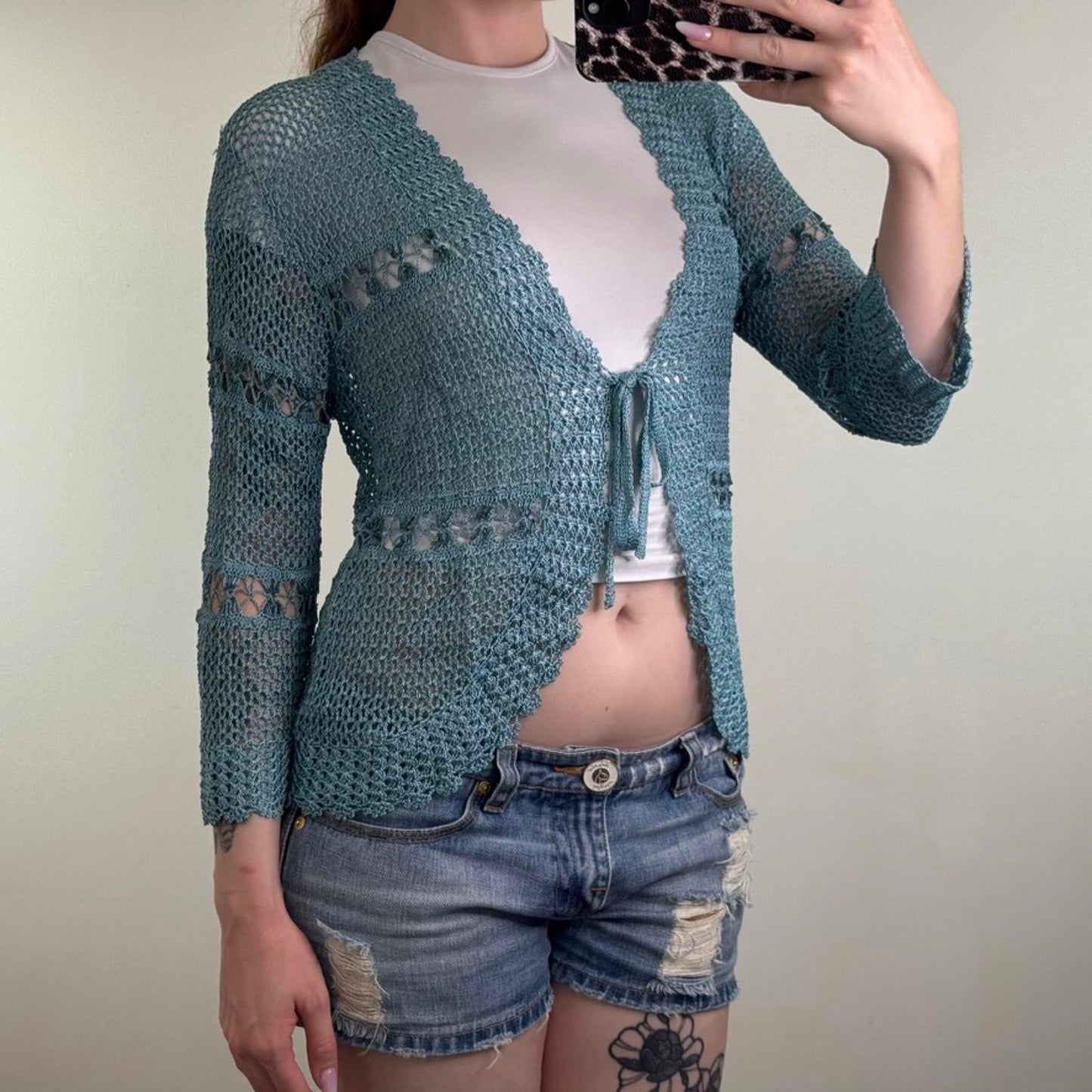 Y2K vintage crochet cardigan long sleeve tie bow turquoise scallop hem v neck