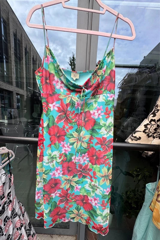 Vintage 2000s mesh mini dress floral hibiscus lilies print