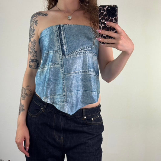 Hugo Boss silky bandana top in blue with denim print strapless hanky hem casalla