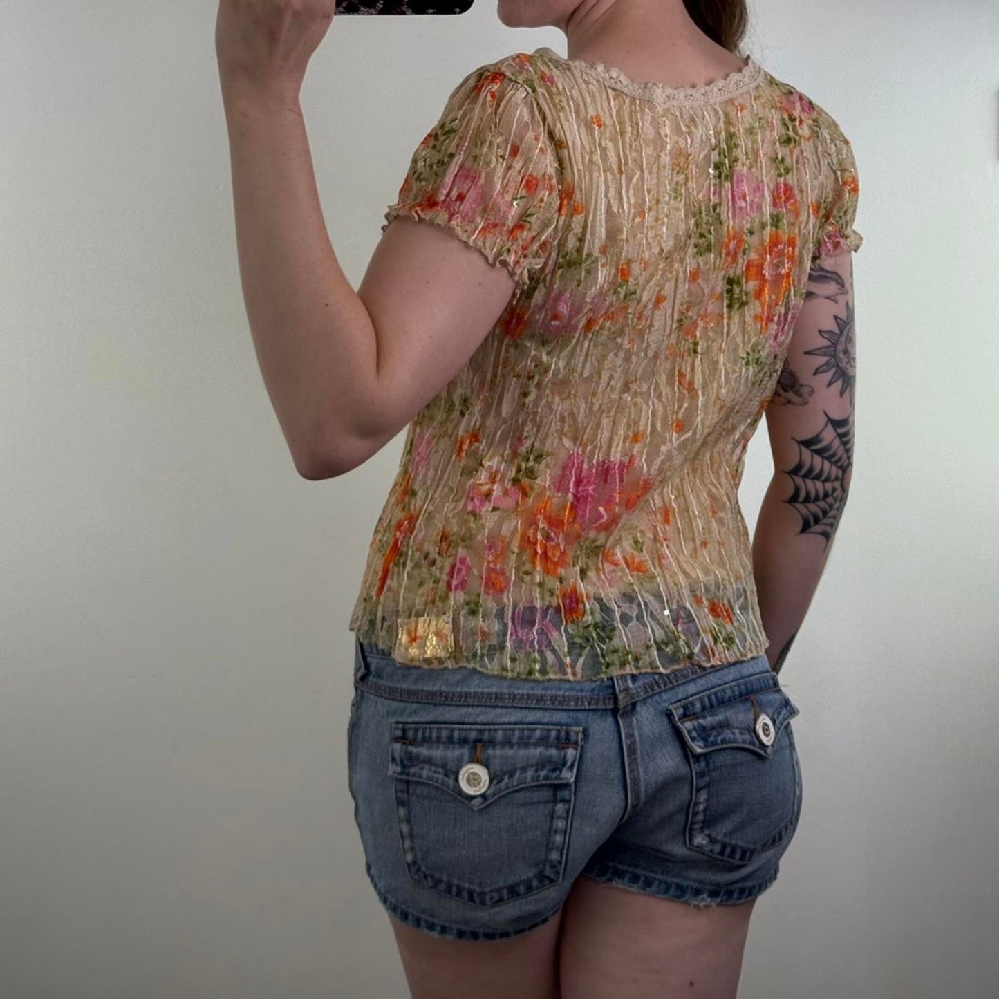 Y2K vintage Per Una mesh overlay short sleeve top round neck double layer bow