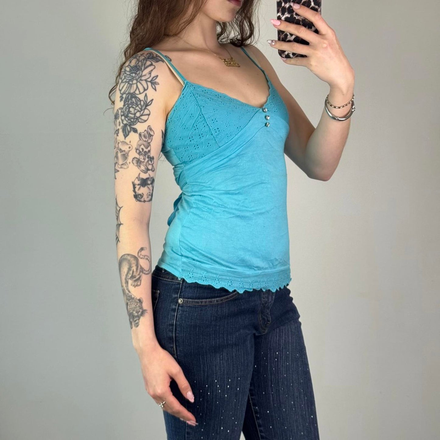 Y2K vintage Bay cami top tie back bow rhinestone v neck scallop hem