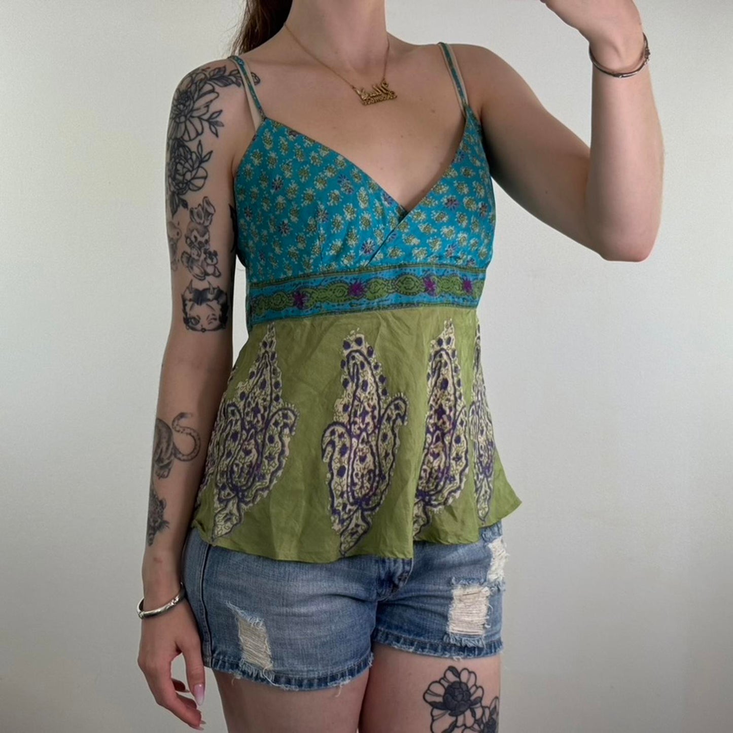 Y2K vintage 100% silk paisley cami top v neck strappy green blue lightweight