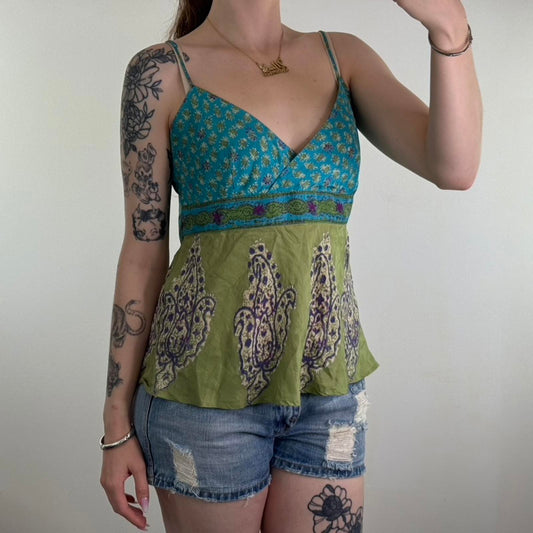 Y2K vintage 100% silk paisley cami top v neck strappy green blue lightweight
