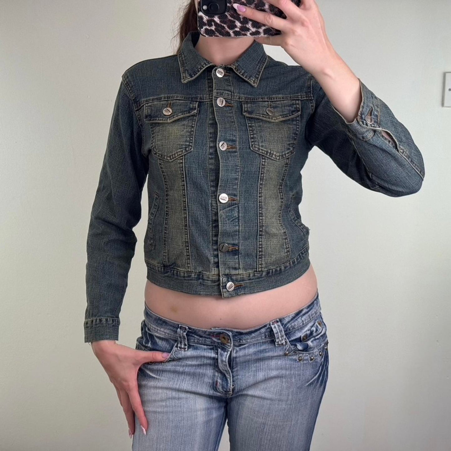 Y2K vintage fitted faded denim button up jacket dirty wash archive slight crop