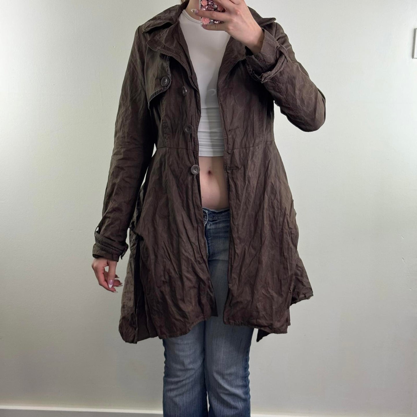 Y2K vintage ruffle layered mid knee length trench coat jacket ruffle floral