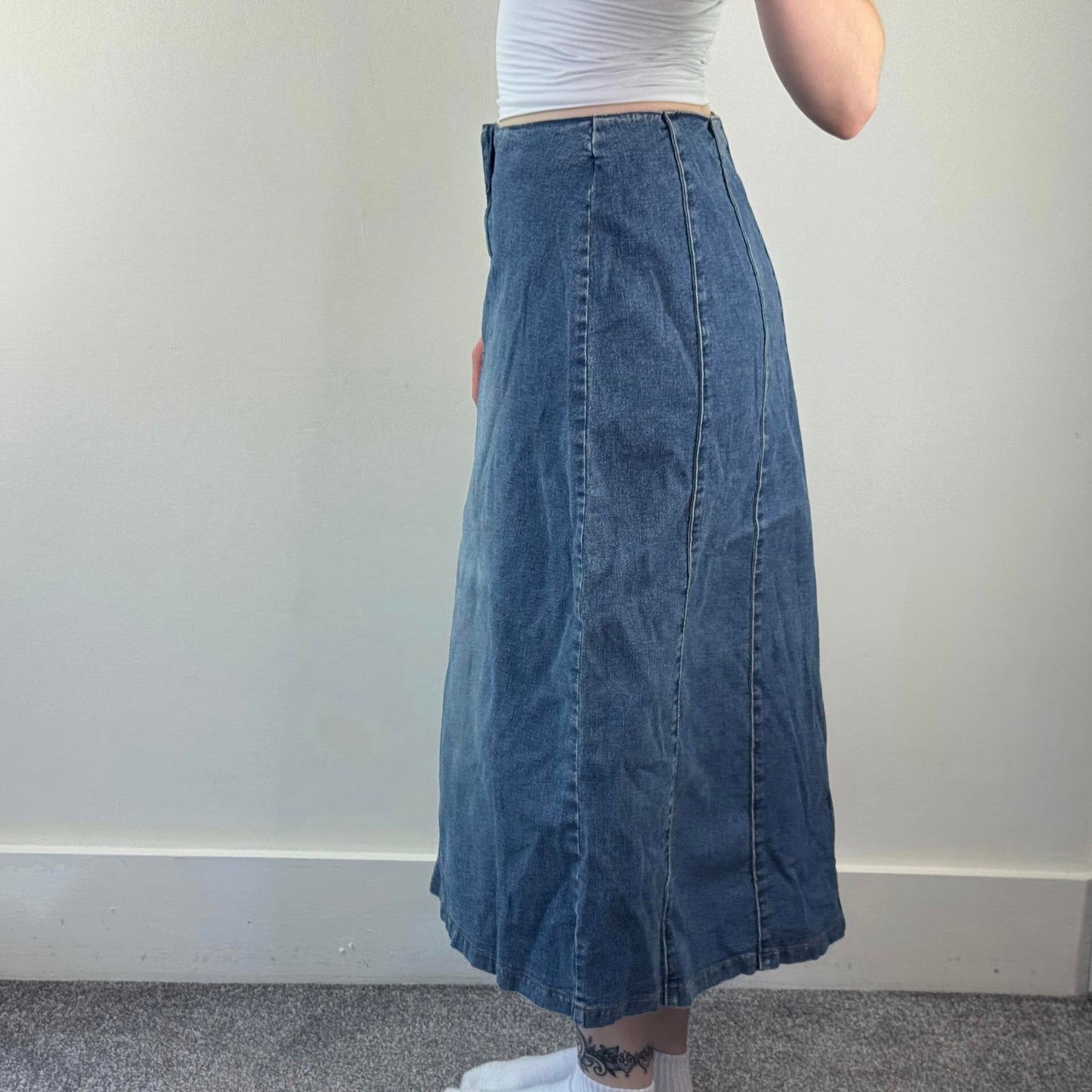 Y2K vintage denim maxi skirt a line stretchy faded light blue wash