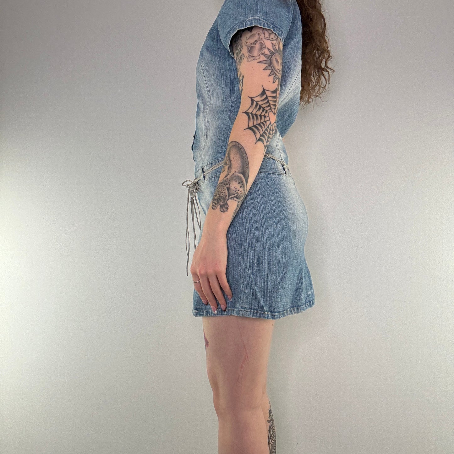 Y2K faded denim mini dress with belt