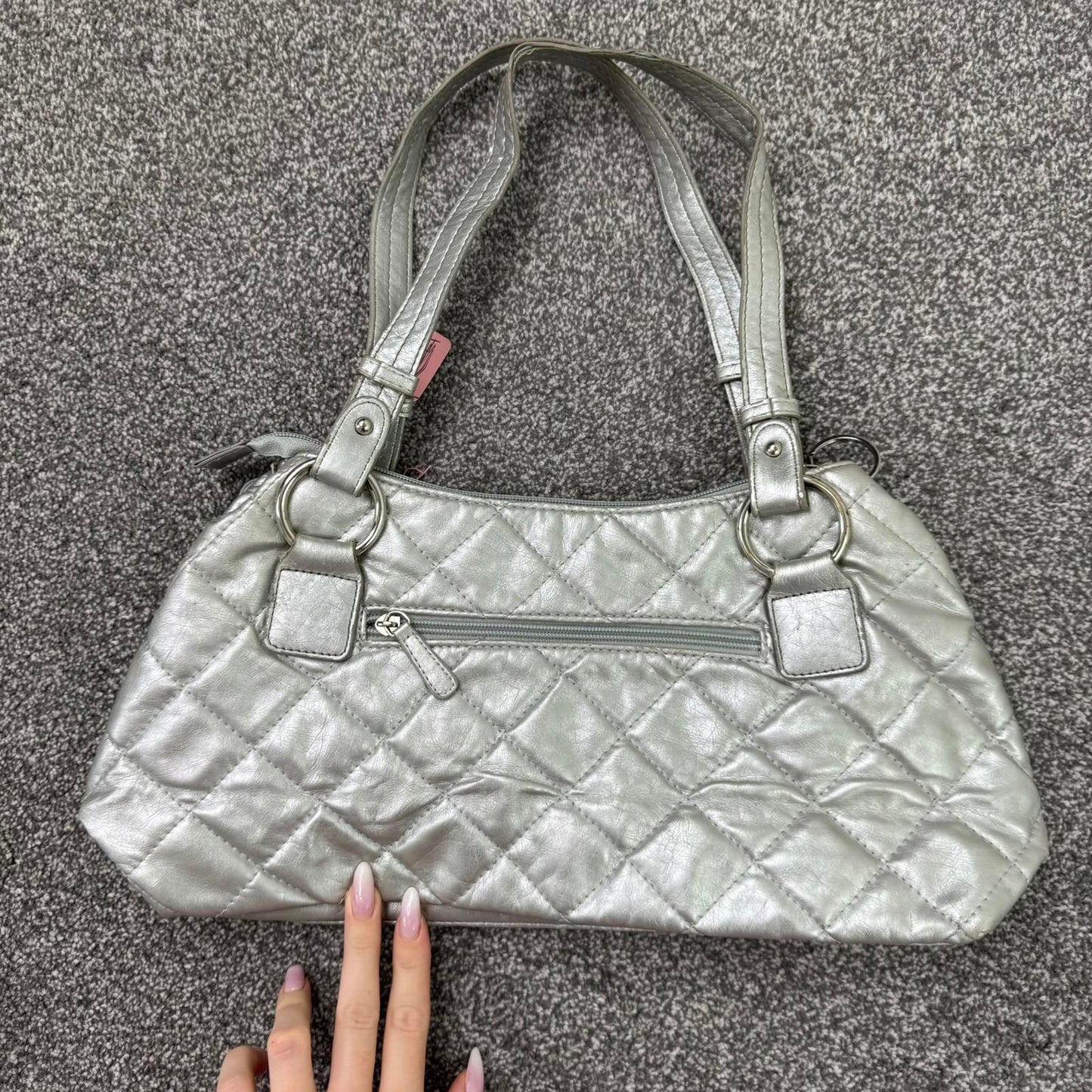 Y2K vintage faux leather silver shoulder bag quilted zipper studded O ring