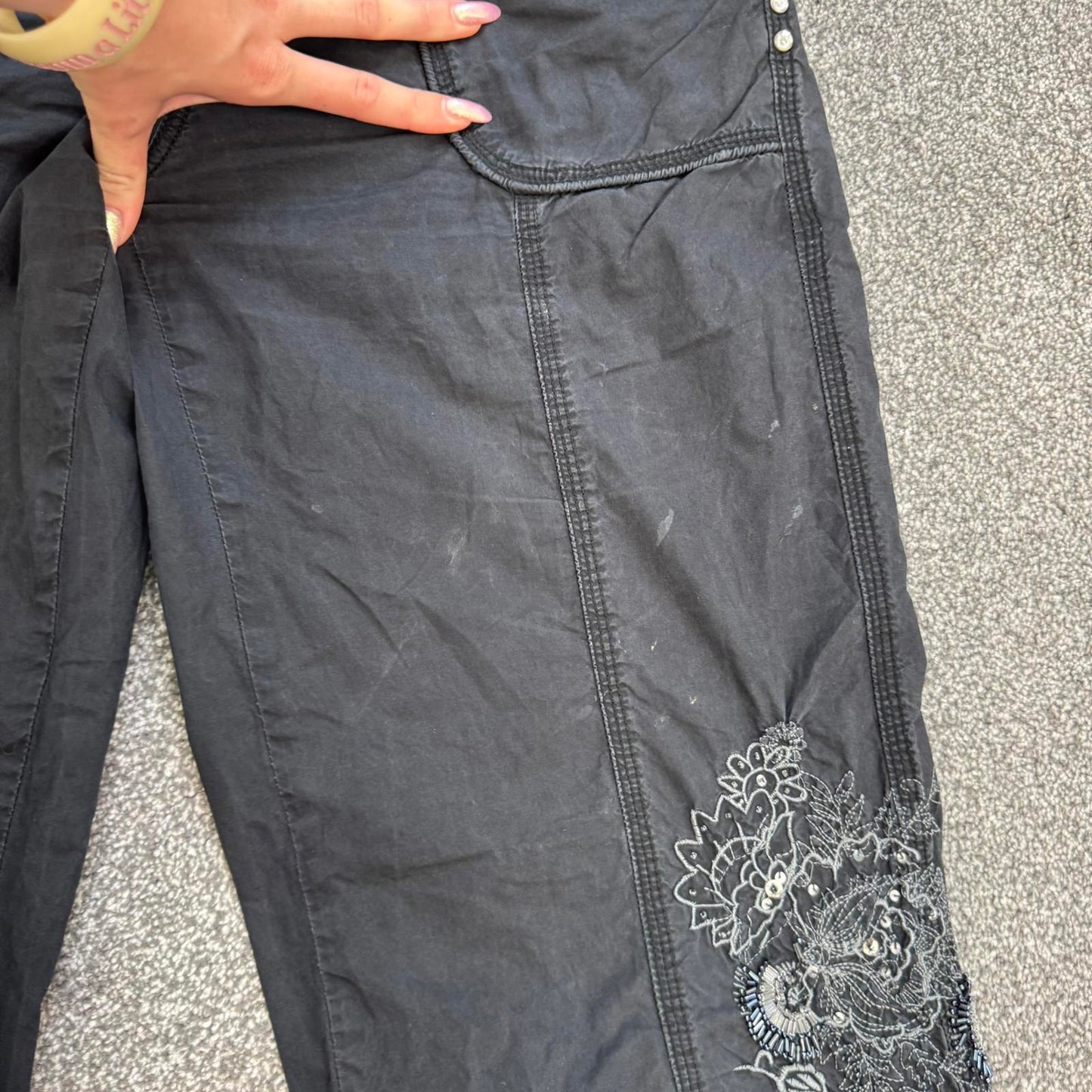 Y2K vintage low rise baggy cargo trousers black embellished sequin embroidery