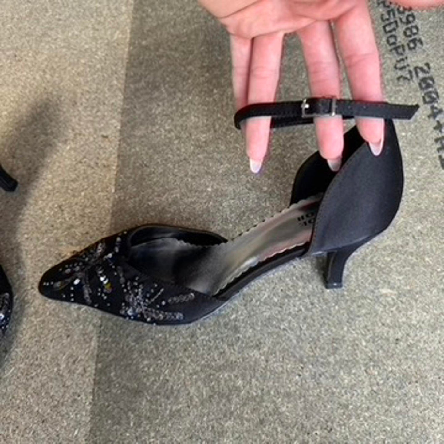 Y2K vintage kitten heel beaded embellished sequin ankle strap pointed toe satin