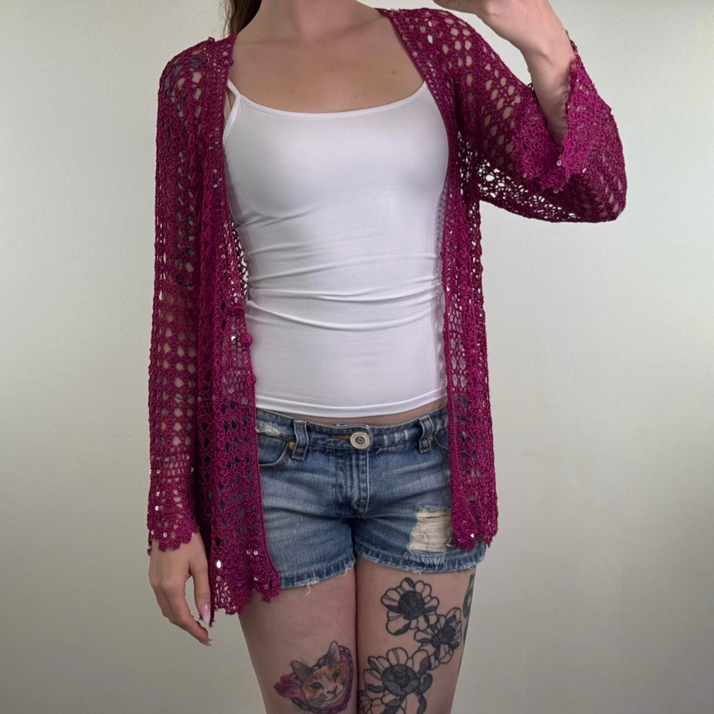 Y2K vintage crochet cardigan sequin button up scallop hem pink v neck knit sheer