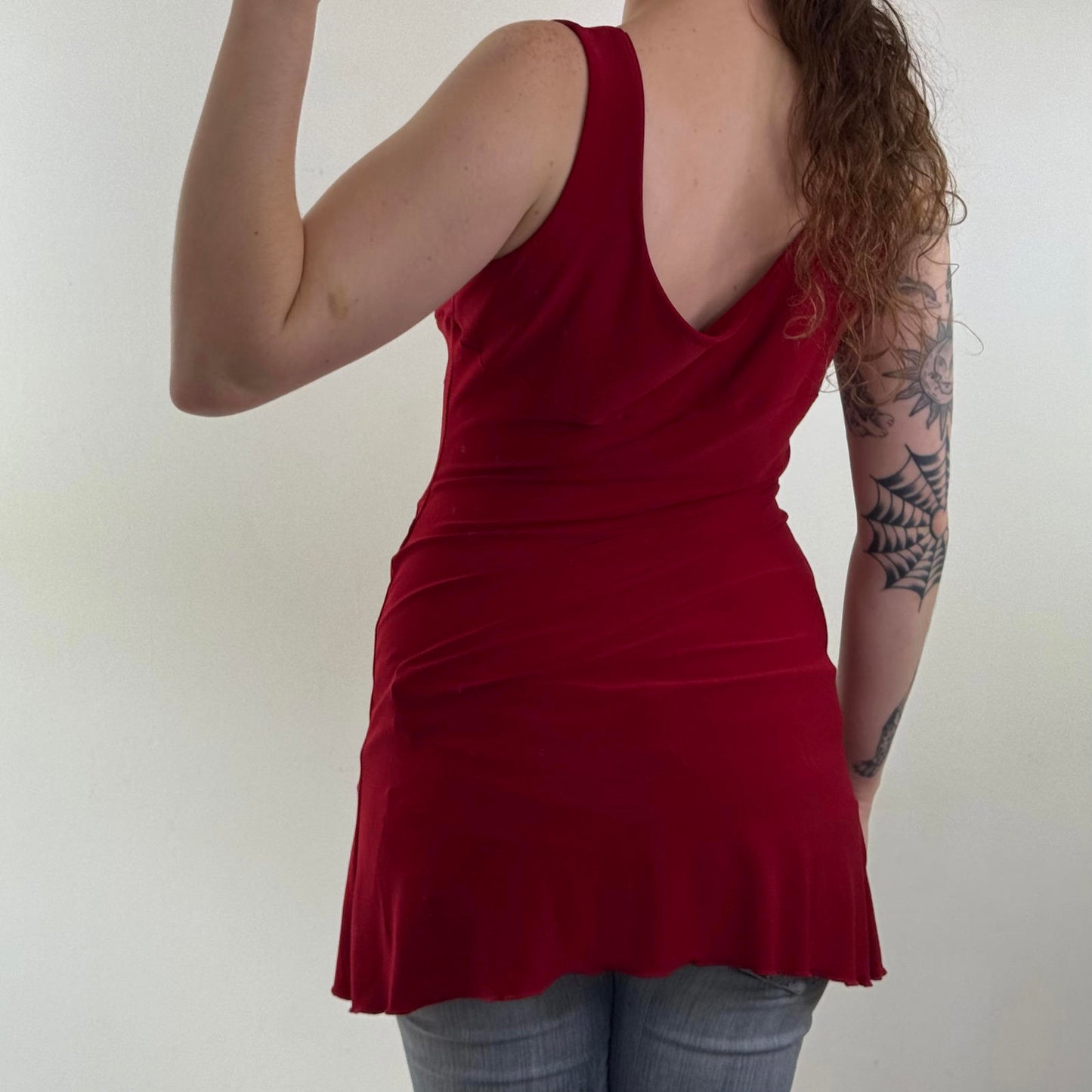 Y2K vintage slinky ruffle tank top ruched stretchy long length v neck red
