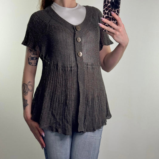Y2K vintage linen blend fine knit short sleeve button up cardigan sheer