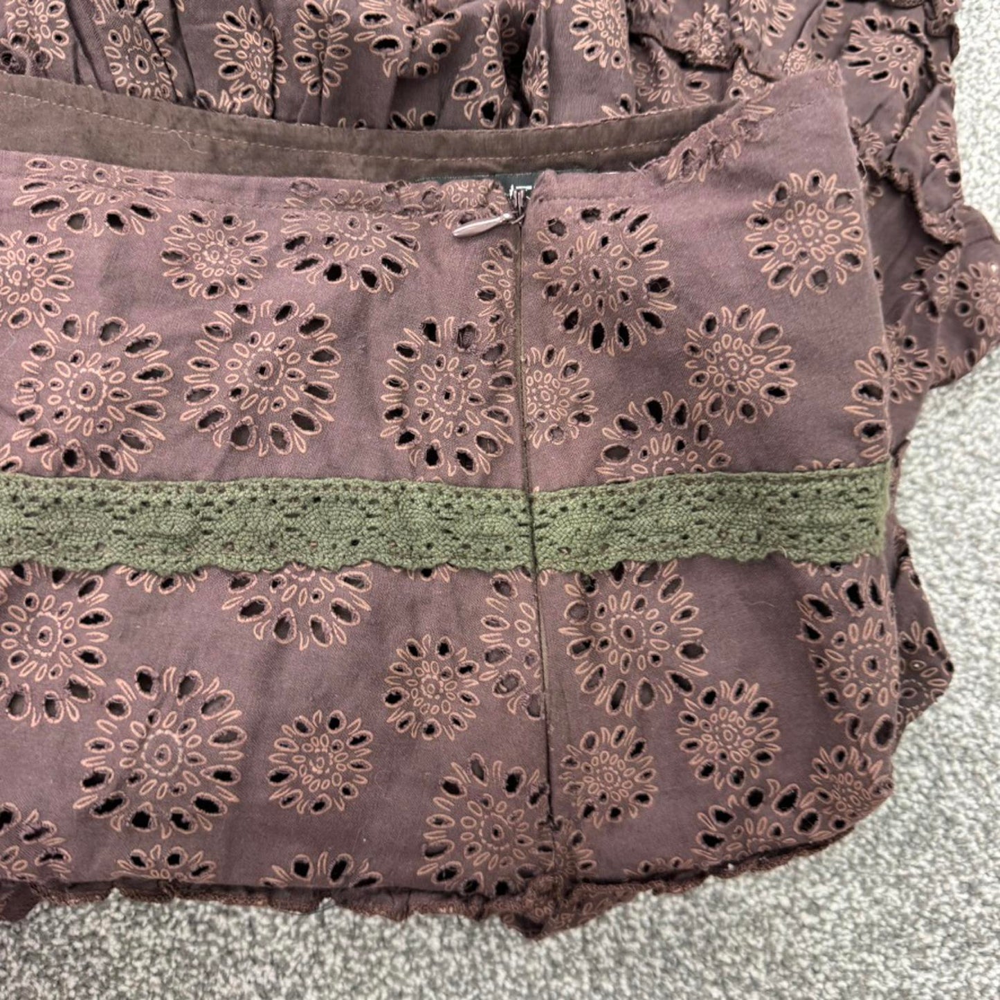 Y2K vintage midi skirt tiered a line floral cut out pattern broderie anglaise