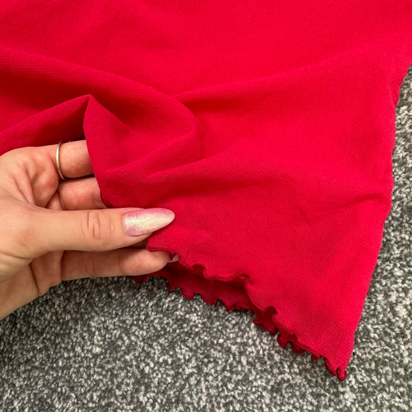 Y2K vintage mesh overlay lettuce hem frill sleeve top red round neck stretchy