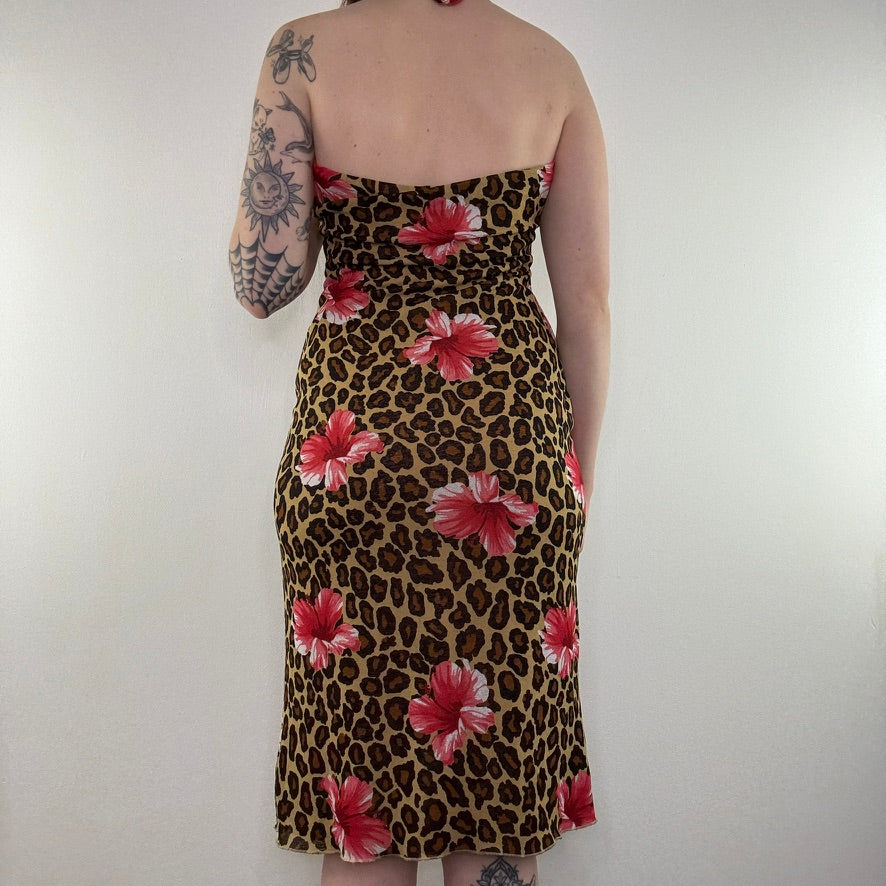 Y2K vintage leopard dress floral hibiscus print halter neck mesh midi dress