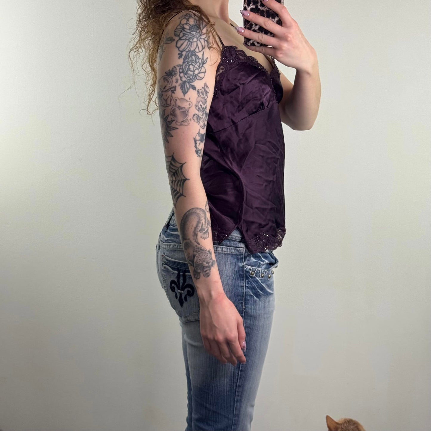 Y2K vintage 100% pure silk cami top beaded embellished lace trim strappy