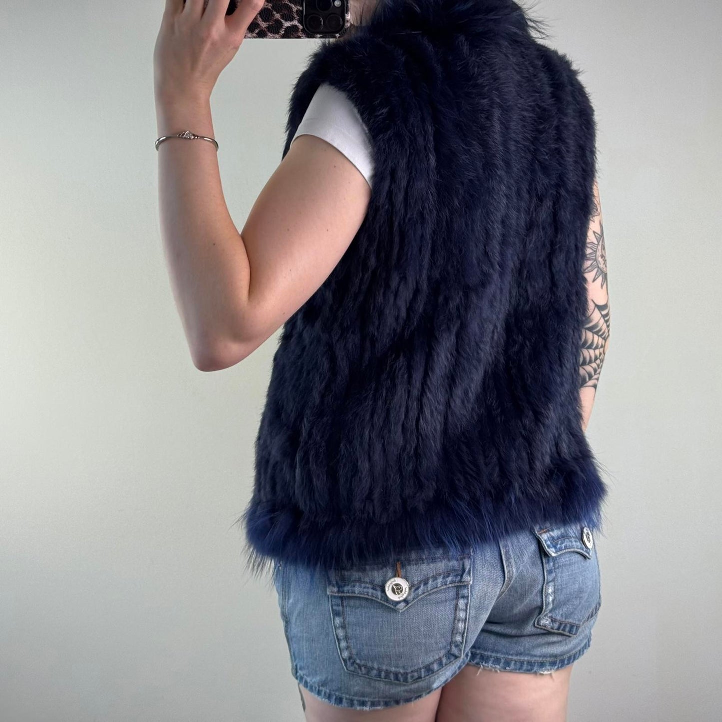 Genuine fur rabbit/ raccoon sleeveless jacket gilet v neck blue